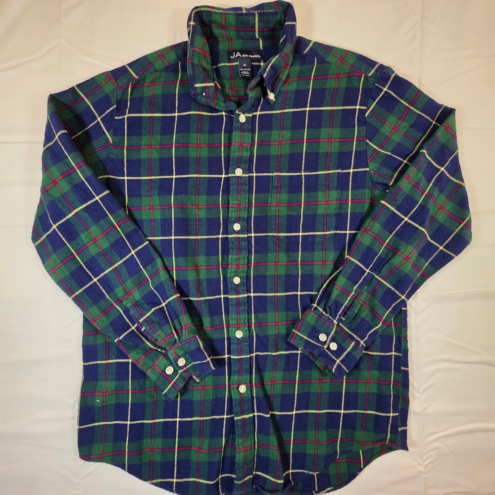 John Ashford Mens Navy Blue Green Plaid Flannel Button Down Shirt Medium